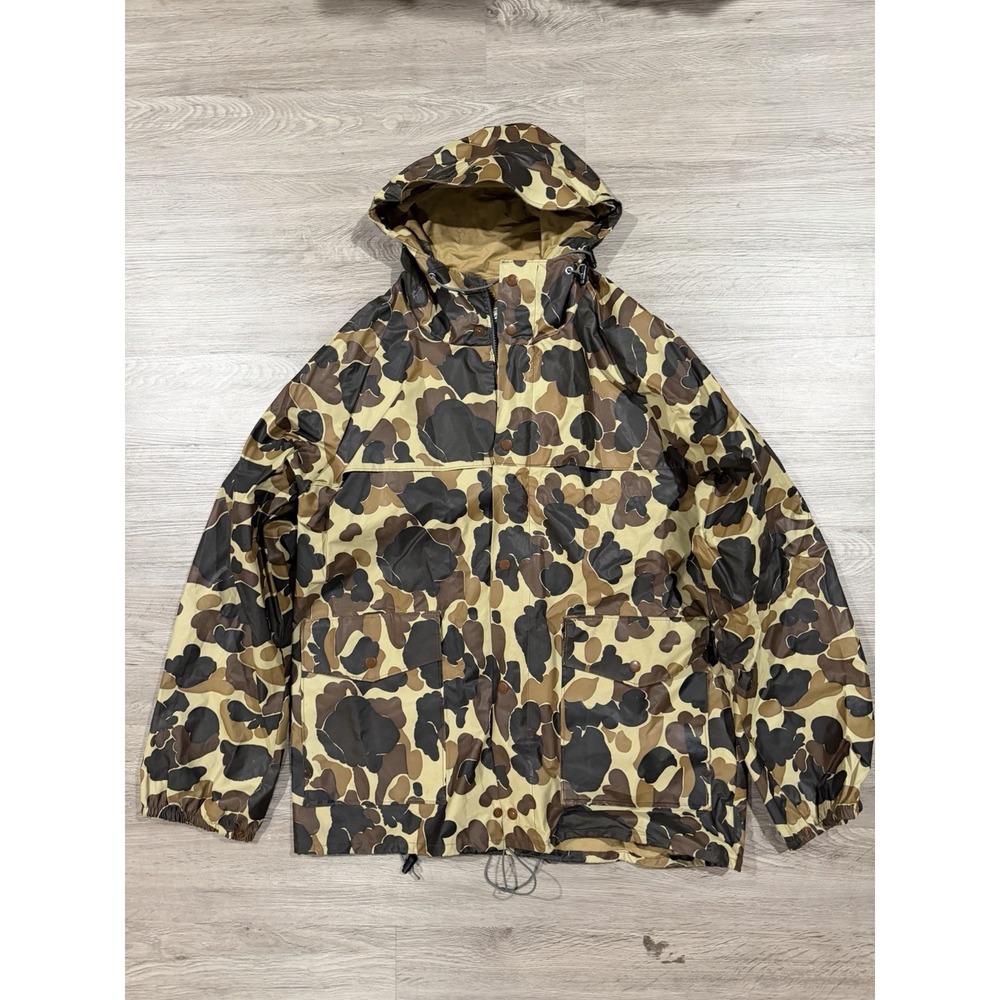 Vintage LL Bean Duck Camo Hunting Rain Jacket Hooded Parka Large Made In Taiwan